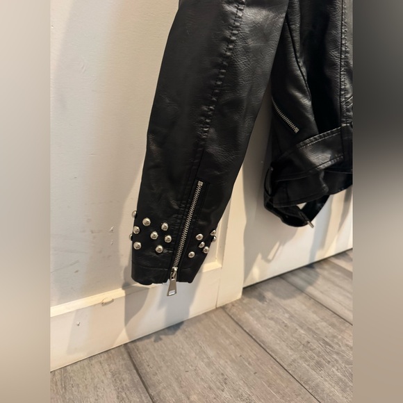 Faux Leather Biker Jacket with studs (with detachable hoodie). Size small. - Picture 7 of 8